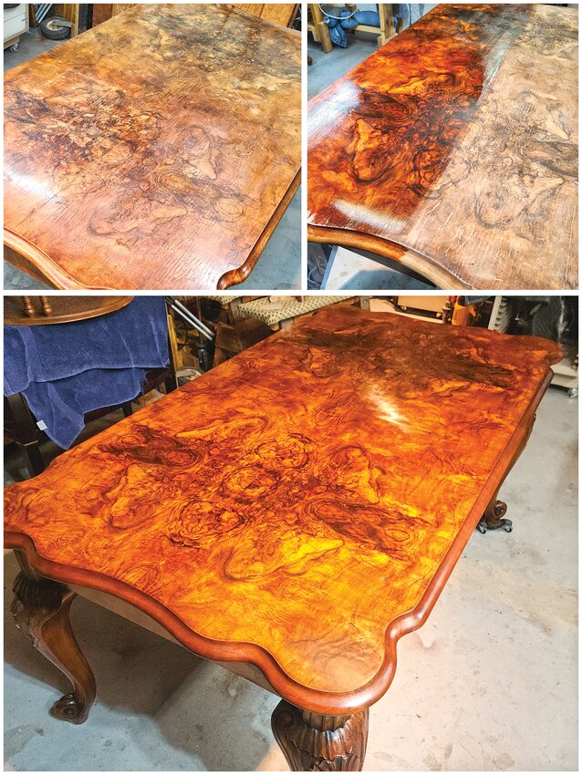120 year old Italian table with probable English walnut burl veneer. Clockwise from top left: before, during, and after."