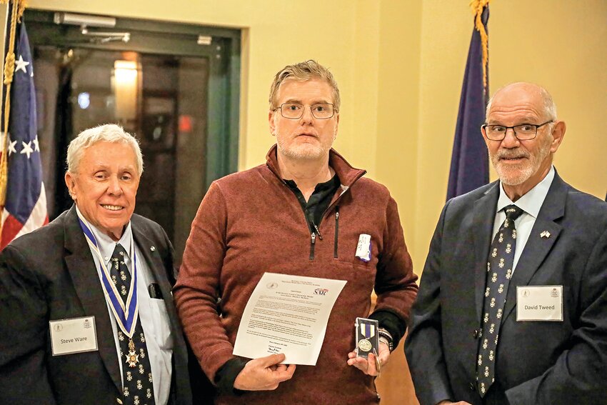 Chapter President Steven Ware and Vice President David Tweed presenting Mr. Mark I. McNutt with the Bronze Good Citizenship Medal and Certificate (Photo Credit: Chapter Veteran Committee Chairman Bill Hampton)