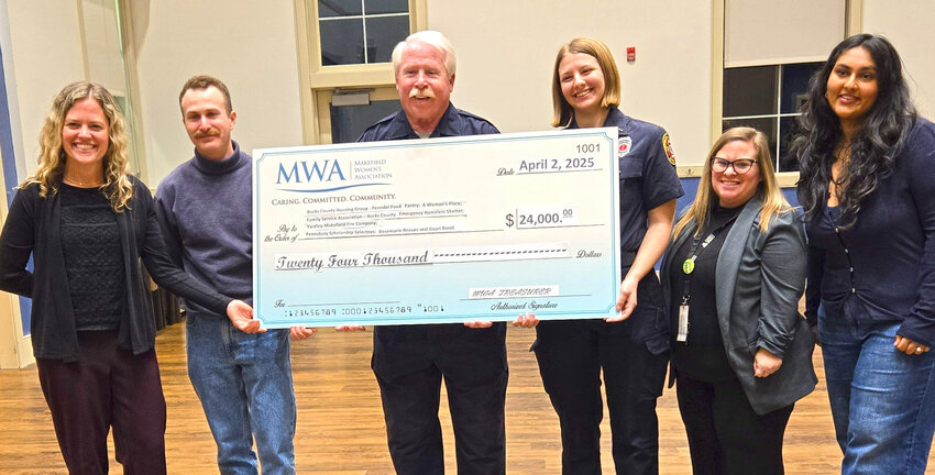 From left: Laura Malick-Glaudel (A Woman's Place), Steven Keller (Penndel Community Pantry), Larry Newman (Yardley-Makefield Fire Co.), MacKennzie Crain (Yardley-Makefield Fire Co.), Anne Marie Richards (FSA-Bucks County Emergency Shelter), Gauri Barot (Pennsbury scholarship recipient).