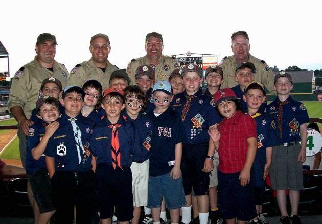 Pack 1 Rehoboth attends Scout night at McCoy Stadium for a Paw Sox game. After the game they got to watch a movie and spent the night in tents camped in the outfield.