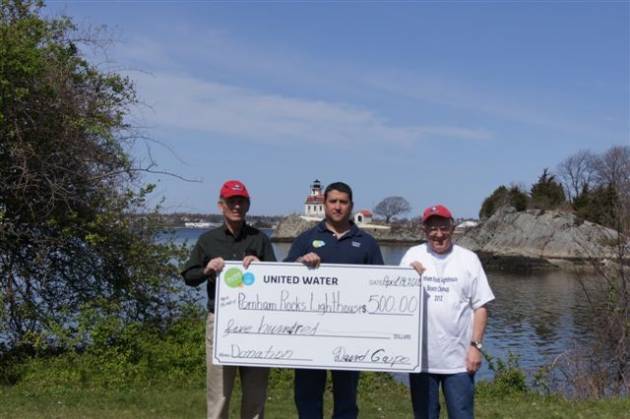 Check presentation:  From Left to right:  Nate Chace, Development Chair, David Gaepo, Project Manager at United Water, David Kelleher, Chairman  Friends of Pomham Rocks Lighthouse, a chapter of the American lighthouse Foundation David Kelleher