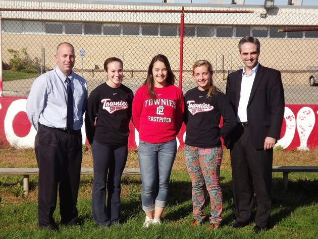 Softball coach Rob Traverse, team players Lindsee Allienello,  Lauren Discuillo, Lucianna Medici and Senator Dan DaPonte at  the team's new field at EPHS