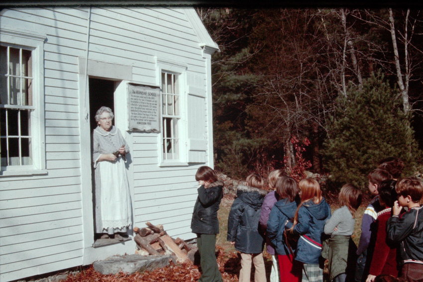 Mrs. Doris Johnson, teaching principal at the North Rehoboth School, greeting Mr. Downs&rsquo; 3rd grade class in 1974. She continued to invite the 3rd graders to The Hornbine School until she passed. By then, all 3rd grade classes from Rehoboth took field trips to the Hornbine School each year.
