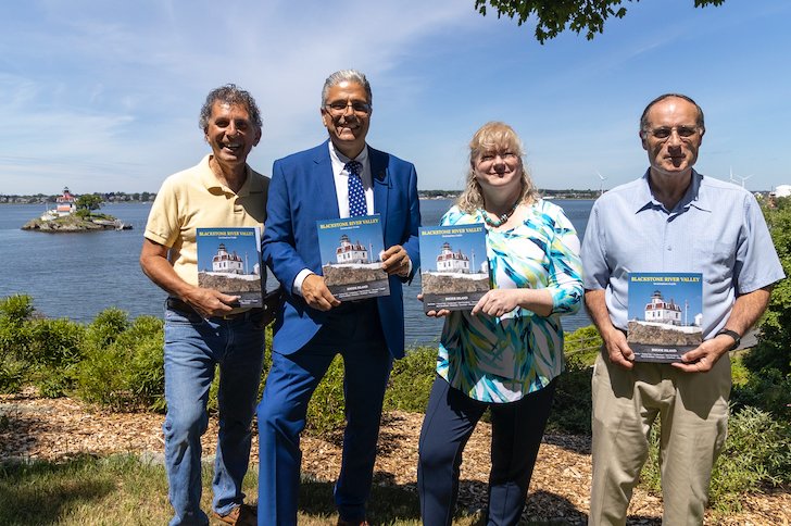 Pictured from left: Blackstone Valley Tourism Council President/CEO Bob Billington; East Providence Mayor Roberto DaSilva; East Providence Area Chamber of Commerce Executive Director Laura McNamara; and Friends of Pomham Rocks Lighthouse Chair Dennis Tardiff who served as the last Coast Guard Keeper of the lighthouse from 1971-1974.