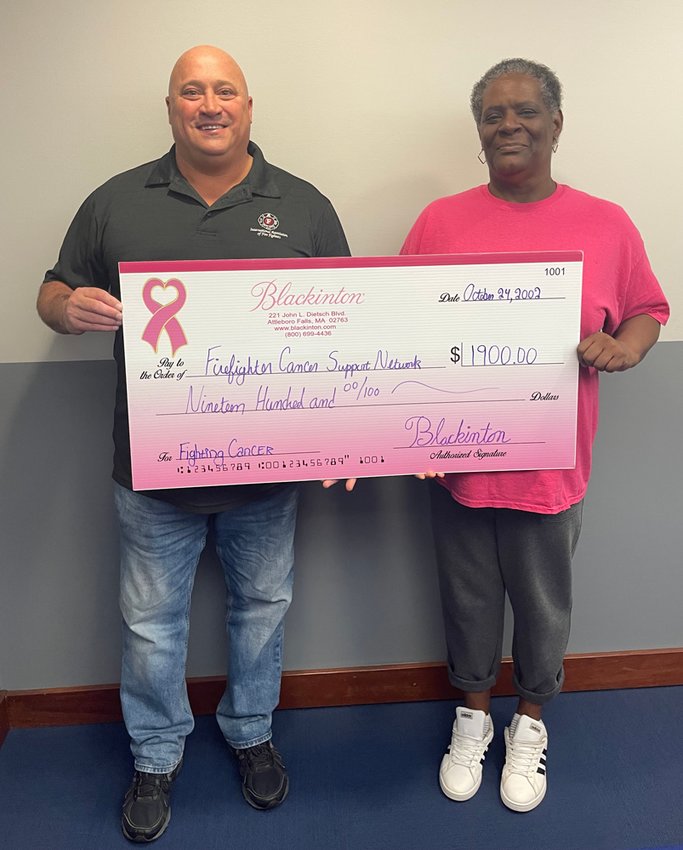 Attleboro Firefighter Paul Jacques, Massachusetts State Director for the Firefighter Cancer Support Network (FCSN), recently accepted a $1,900 donation to the FCSN from Veronica Ashley, Cancer Survivor and employee of V.H. Blackinton &amp; Co. Inc.in Attleboro Falls