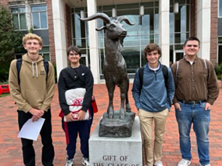 Pictured are TCRVTHS students (L-R) Noah Gable of Wrentham, William Godfrey of Seekonk, Marty McGrave of Wrentham and Sam Marcotte of Seekonk on the campus at WPI after taking part in the 33rd Annual Math Meet.