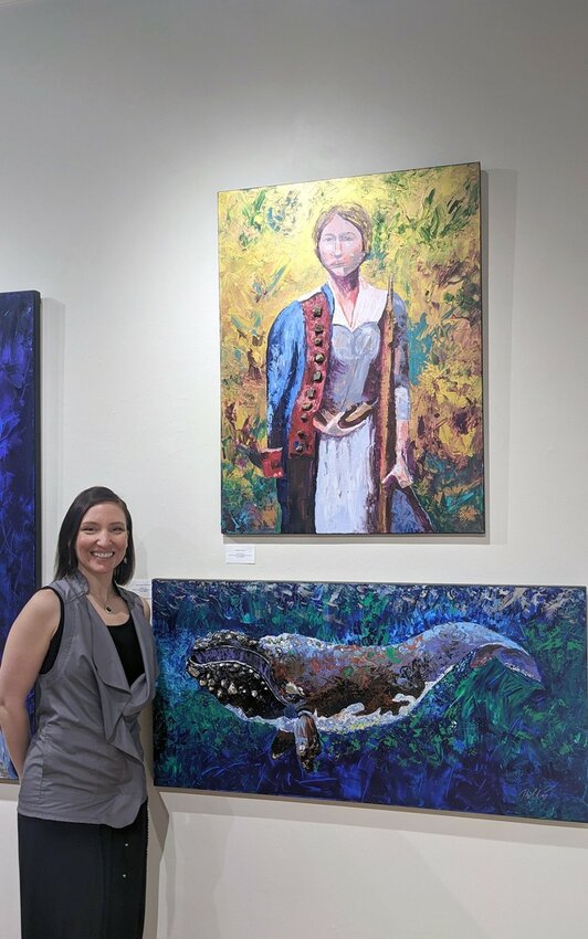 Hollis Machala (Left at Worcester Center for Crafts &ndash; HEART of MA exhibit)  Deborah Sampson, 2023 (Top)  acrylic and puddingstone on canvas  overall: (30 x 40 in.) Right Whale- Moody Blues, 2023 (Bottom)  overall: (24 x 48 in.)  acrylic and puddingstone on canvas  Collection of Hollis Machala  &copy; 2024 Hollis Machala. All rights reserved. Image: Courtesy of Hollis Machala Photo by Hollis Machala