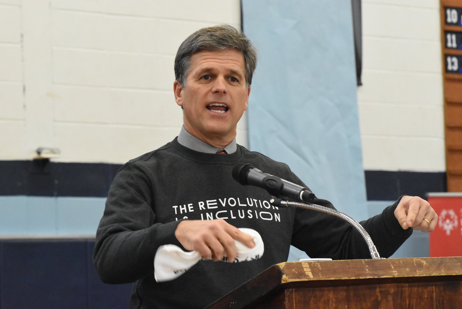 Tim Shriver, Chairman of Special Olympics, speaks to Seekonk High students.