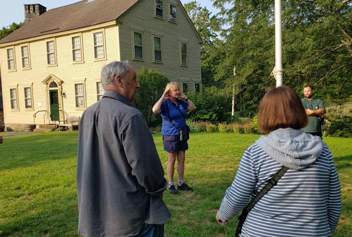 Participants in September’s Blackstone Valley Tourism Council Bird Walk listen to the Audubon Society’s Senior Director of Education and Wildlife Teacher Lauren Parmalee prior to embarking on the walk at Hunts Mills in Rumford, R.I.