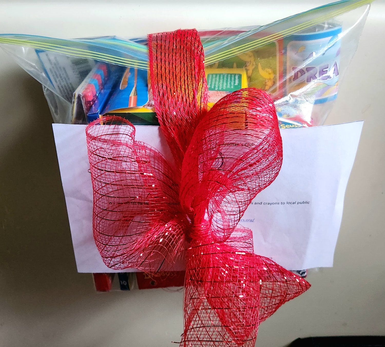 Dr. Suess packages wrapped in red ribbons.