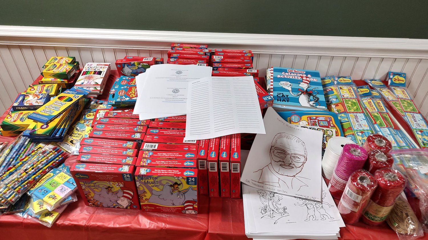 Dr. Suess items to be packaged.