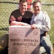 Bob & Joey at Dad's field with family donated marker