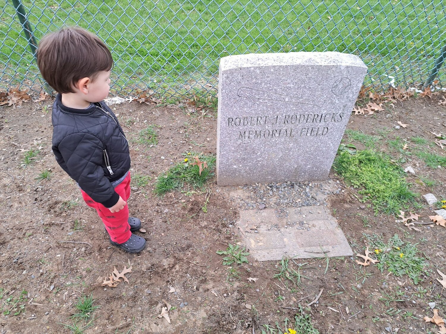 Great grandson Jaxon Rodericks, age 2, at Rodericks Memorial Field.