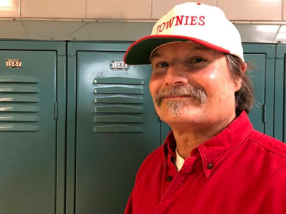 Townie star Mike Whittet of 1972 found his locker during EPHS goodbye visit.