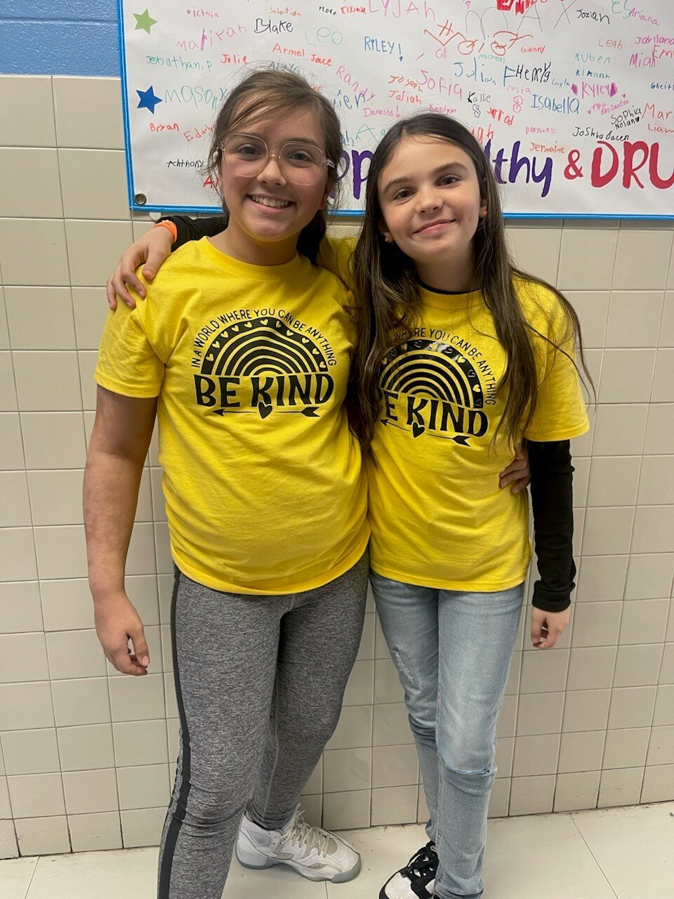 Fifth grade students Gabby and Sueli wear matching shirts for World Kindness Day!