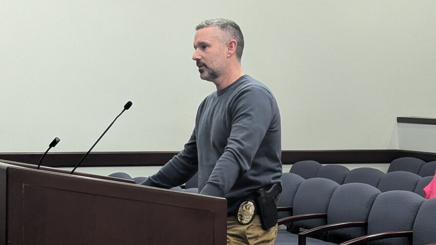 Rockingham Police Chief George Gillenwater presents the department's annual report to the City Council at the February meeting.