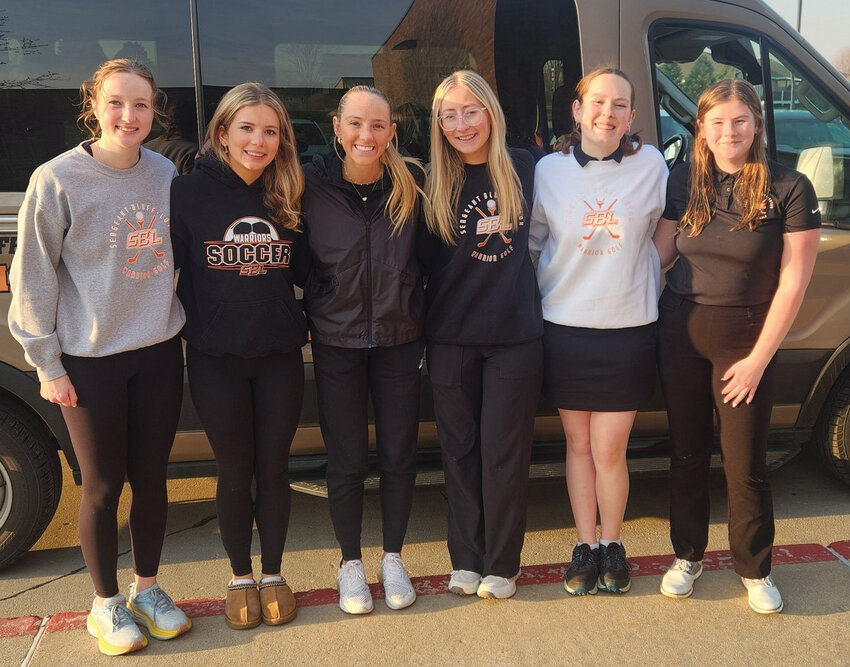 2025 SBL Girls Golf Team (L-R): Claire Husen, Katherine Johnson, Cora Eckhoff, Madison Hilts, Brenna Ocker, Hannah Aman