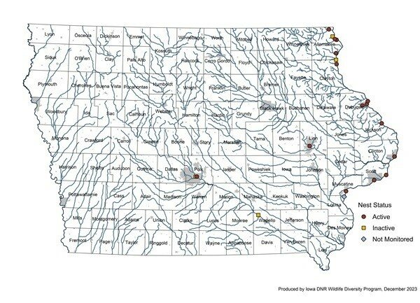 Statewide map showing 2023 Peregrine Falcon nest locations (15 active, 4 inactive, 1 not monitored).