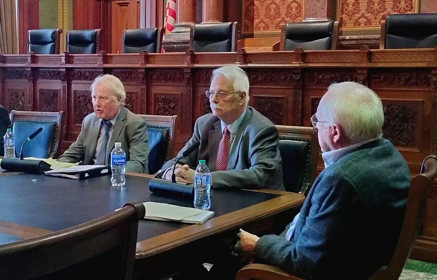 Iowa Freedom of Information Council Executive Director Randy Evans, center, spoke Wednesday to the Iowa House Committee on Government Oversight. At left is attorney Mike Meloy.