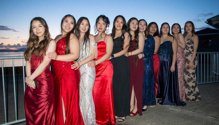 PROM NIGHT –– Mt. Edgecumbe High School students pose for photographs at the Sitka Sound Cruise Terminal Saturday night during the school prom. Students from all grade levels attend the prom. Alaska Airlines employees again this year helped students with makeup and formal wear. Pictured are, from left, Juliana Griggs (9 Anchorage); Georgiana Fischer (10 Barrow); Taylor Dewey (11 Koyuk); Angela Ayuluk (11 Chevak); Karen Christopher (11 New Stuyahok); Tatiana Otton (11 Koyuk); Marlee Chris (10 Anchorage); Charity Mila (10 Barrow); Denalley Wassillie (9 Anchorage); Zereah Henry (10 Point Lay); and Harmony Wassillie (11 Anchorage). (Sentinel Photo by James Poulson)