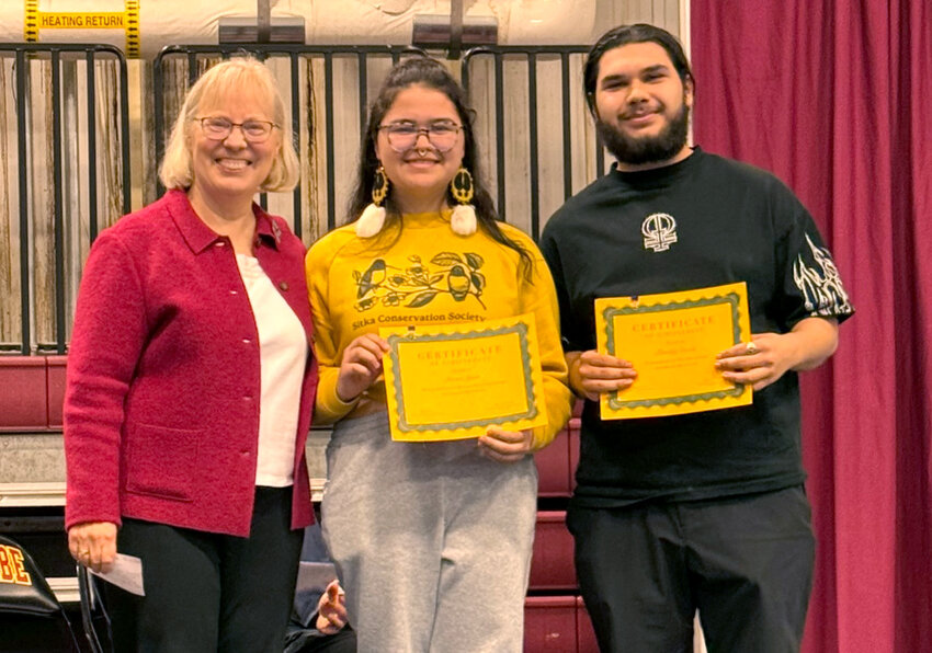 SENIOR SCHOLARSHIPS – Sarah Jordan, Ocean Wave Quilters guild secretary, presents $1,000 scholarships each to Mt. Edgecumbe High seniors Naomi Jones and Timothy Garcia. Funds were from the guild’s annual auction. (Photo provided to the Sentinel)