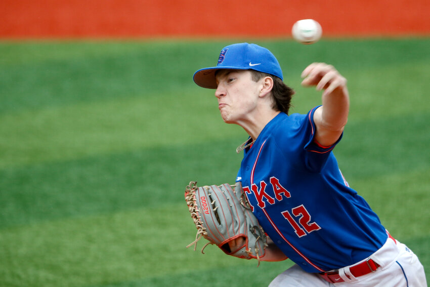 Sitka's Caleb Calhoun pitches a perfect game, striking out all 15 batters he faced in a 24-0, five-inning Sitka win over Kayhi at Norman Walker Field on Saturday. Photo by Christopher Mullen / Ketchikan Daily News