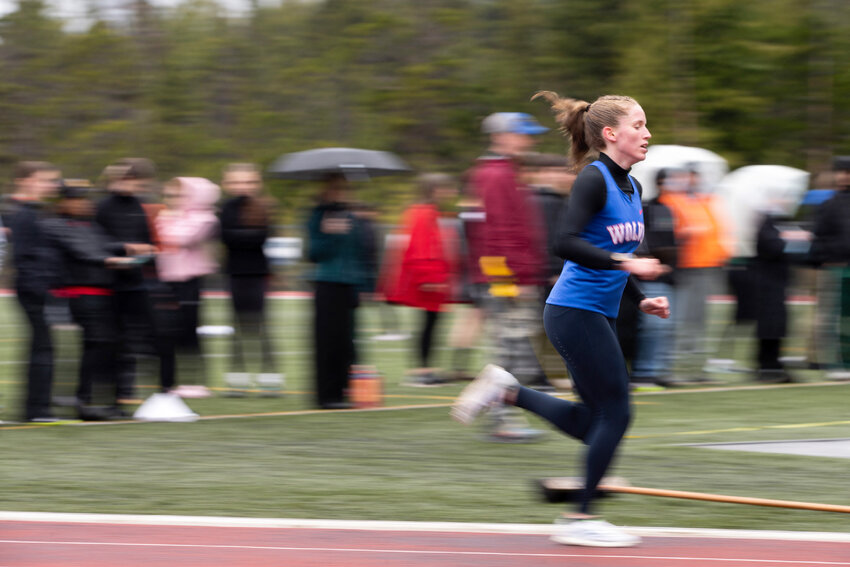 Sitka’s Clare Mullin runs in the girls’ 3200-meter, winning the race with a time of 10:50.78 during the Ketchikan Invitational at Esther Shea Field on Friday. (Photo by Christopher Mullen / Ketchikan Daily News)