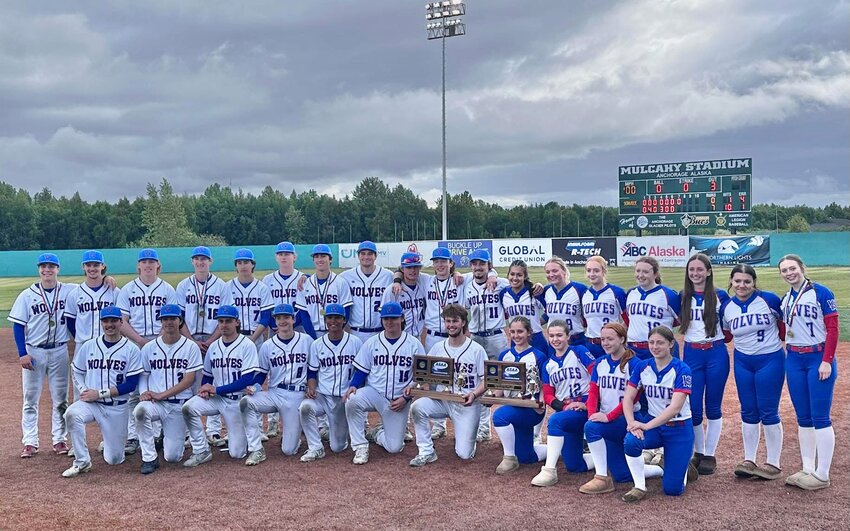 Sitka baseball sophomore infielder Jude Gluth, softball junior pitcher/2B/1B and senior outfielder/infielder/pitcher Josh Gluth hold the team's 2025 state championship trophies Saturday at Anchorage's Mulchay Stadium. (photo courtesy Heather Gluth)