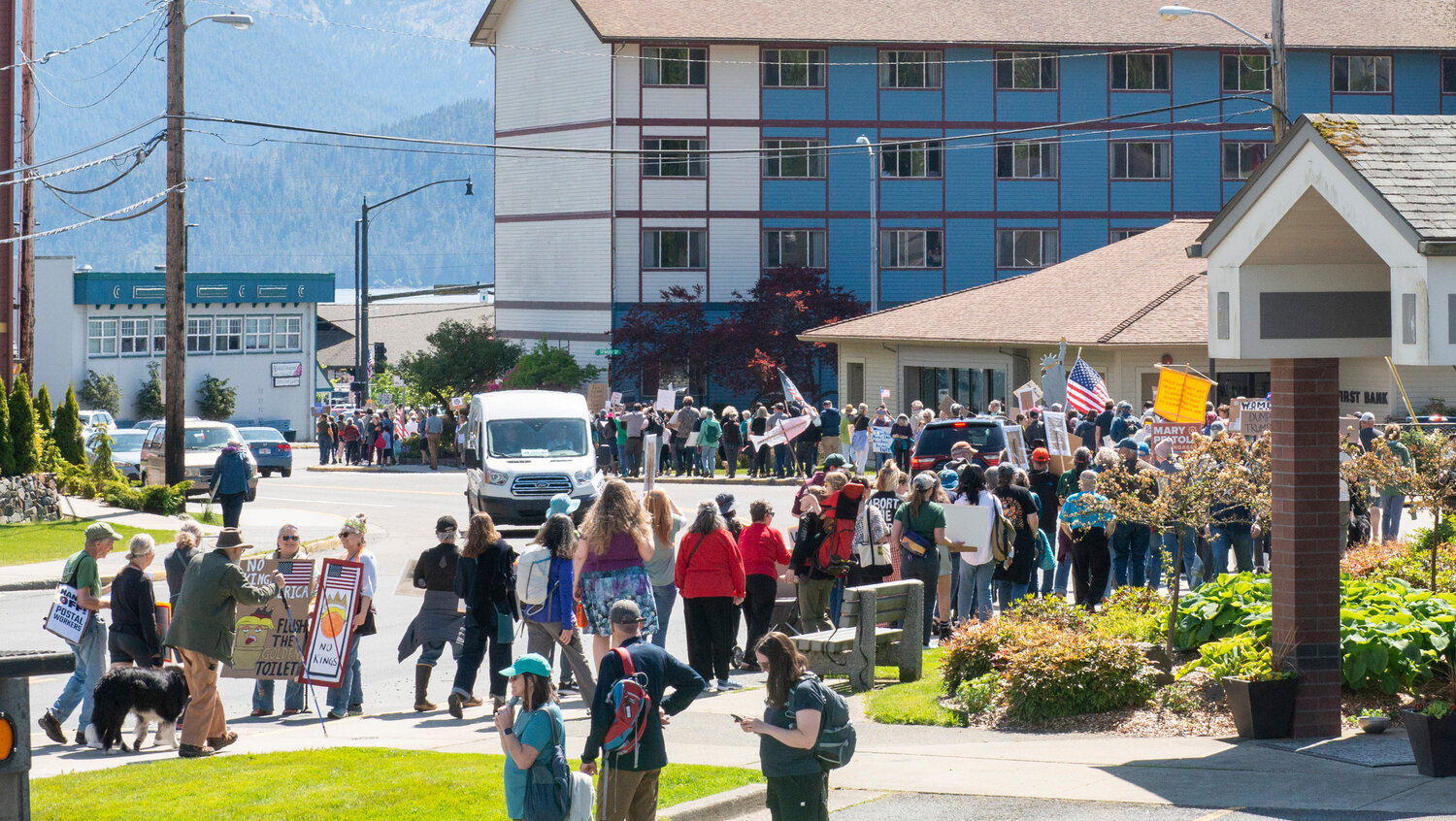 More than 350 protesters make their way to the Crescent Harbor shelter Saturday during Sitka's No Kings Day event. Nationwide protests were held in reaction to the a military parade in Washington, D.C. marking the 250th anniversary of the U.S. Army and President Trump's 79th birthday. At the shelter speeches were made and a performance was given of a comical song sung by the King George III character in the musical 