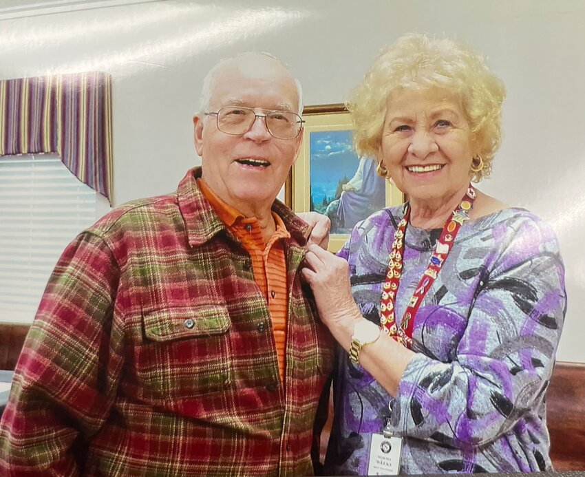 Donald Davis receiving his pin for completing his 3rd gallon of blood donation.  Pin being given by Colleton County Blood Drive Coordinator Norma Weeks.