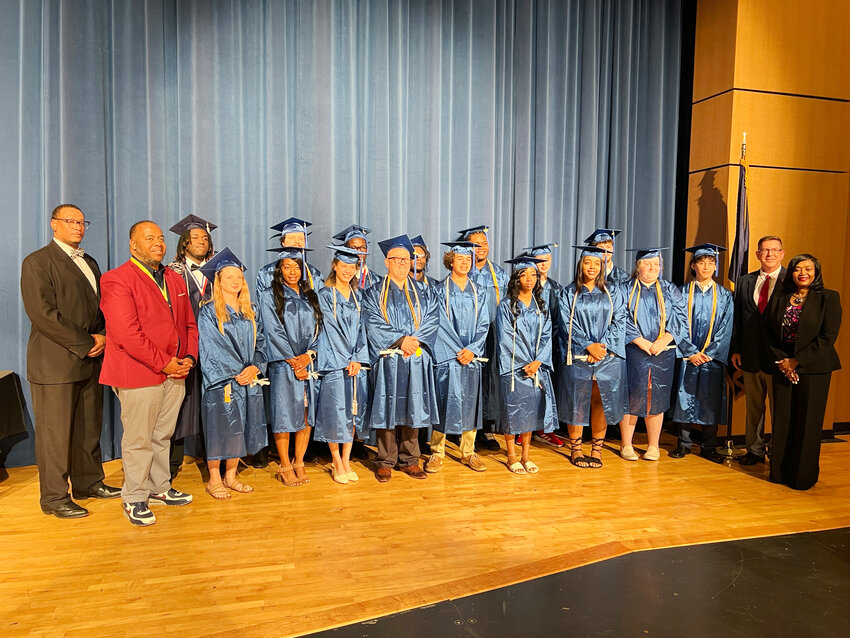 L to R:  Dr. Ron Youmans, Director Colleton County for Success, Dr. Martin Wright, Assistant Superintendent for Colleton County School District, 2024-2025 Colleton Adult Learning Center graduates, Chris Horvath, Director of Colleton Adult Learning Center, Superintendent Jessica Williams