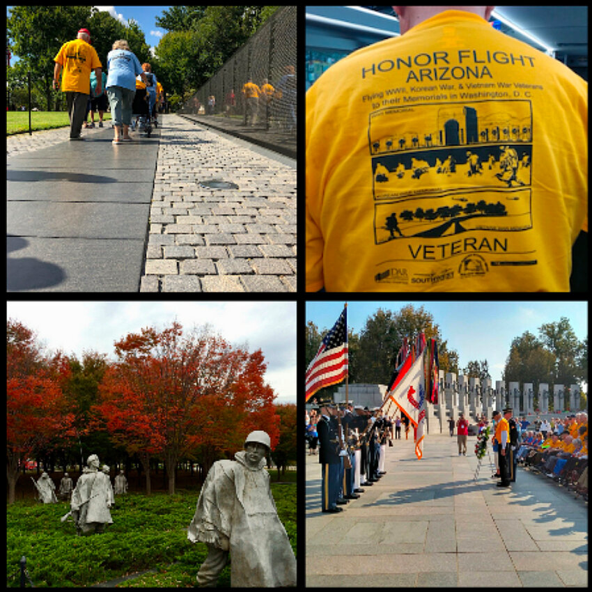 This montage shows different elements of an Honor Flight Arizona journey. The nonprofit will take its 100th trip since its founding in 2009 on Tuesday, Sept. 12.