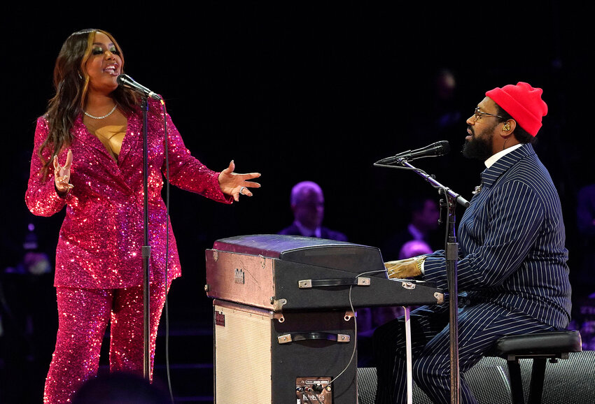 Lalah Hathaway, left, and PJ Morton perform at MusiCares Person of the Year at the Los Angeles Convention Center on Feb. 3, 2023.
