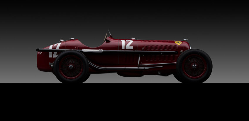 A photo of this 1934 Alfa-Romeo displays the lighting method Bill Pack uses to capture images of racing cars.