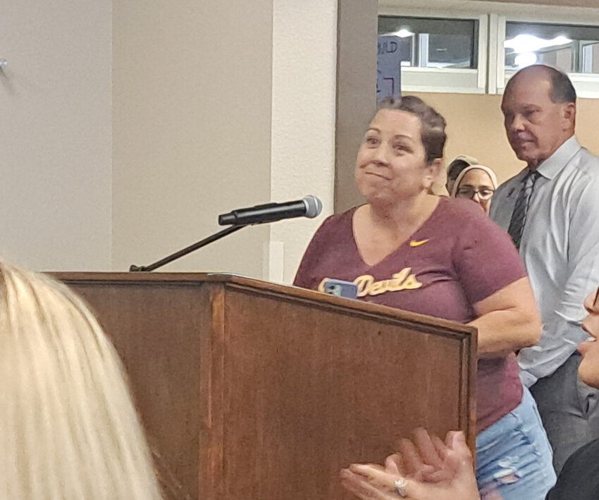 Activist and advocate Melissa Galarza speaks at Wednesday’s Chandler Unified School District at the CUSD Governing Board meeting. Thirty speakers all spoke about board member Patti Serrano, with most defending her statements related to the conflict in Gaza and Serrano’s overall effectiveness as a CUSD board member. 