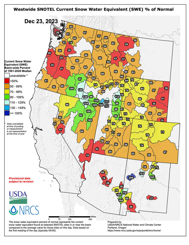 This map shows snow totals as a percent of normal, and nearly every part of the Colorado River Basin had below-average snowpack data as of the Dec. 23 report. (Map courtesy U.S. Department of Agriculture, Natural Resources Conservation Service)