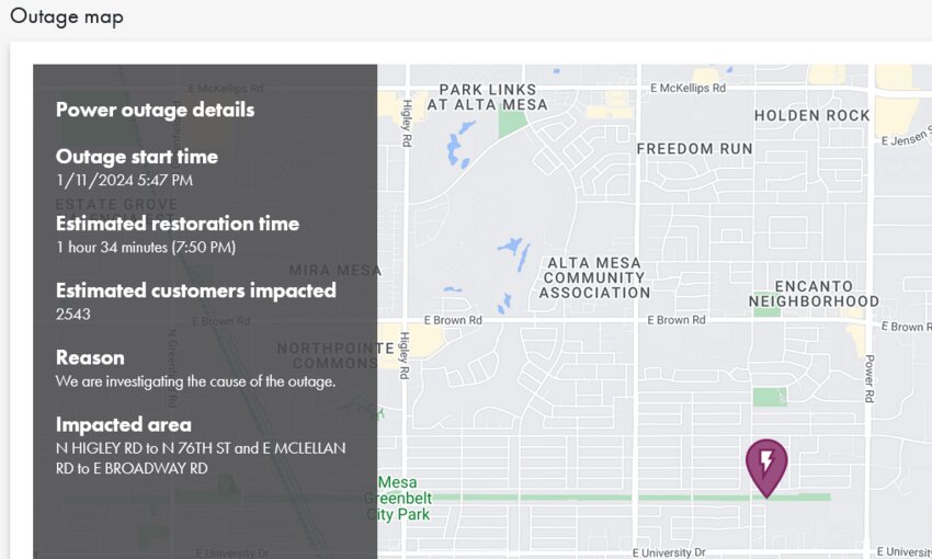 The outage, which started at 5:47 p.m. Jan. 11, is in an area from North Higley Road to North 76th Street and East McLellan Road to East Broadway Road, according to SRP. (Screenshot)