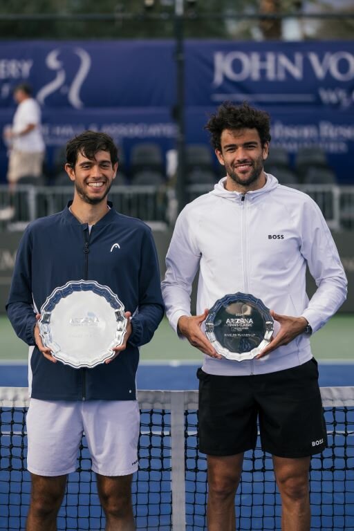 Nuno Borges, left, and Matteo Berrettini pose with the first and second place awards, respectively, at the 2024 Arizona Tennis Classic at the Phoenix Country Club. (Courtesy Arizona Tennis Classic)