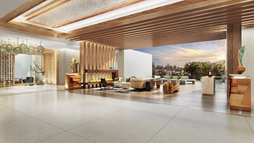 Rendering shows the hotel lobby.