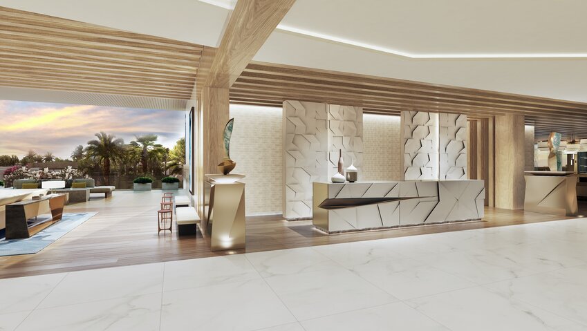 Rendering shows the reception in the grand lobby.