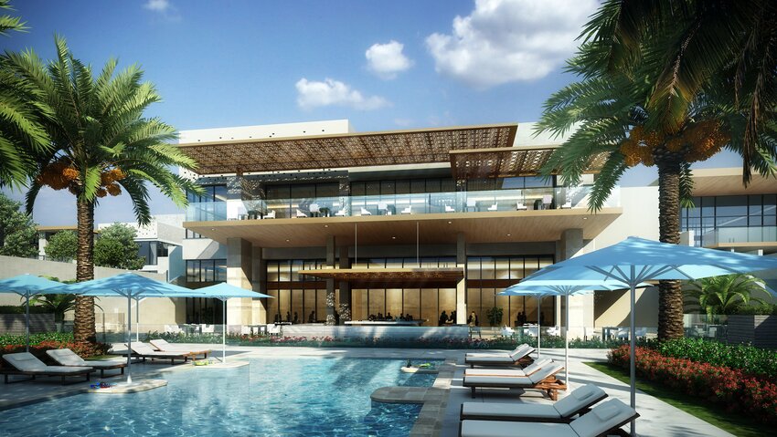 Rendering shows the pool view of hotel.