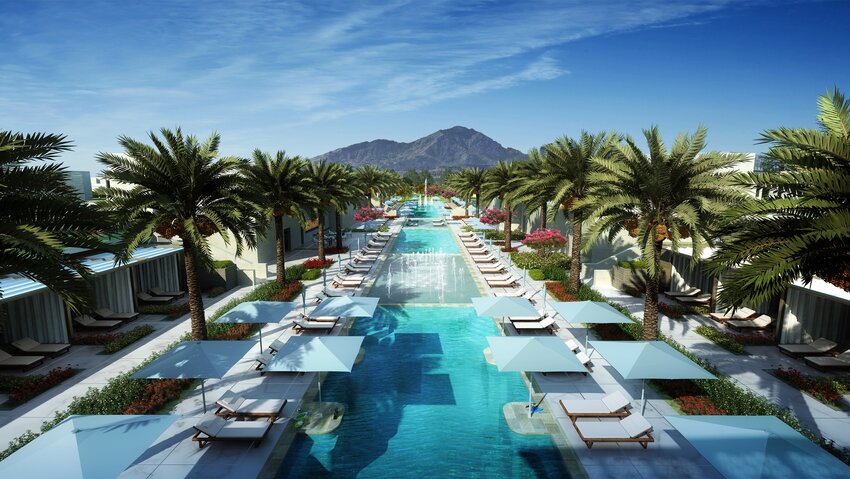 Rendering shows the hotel pool and mountain view.
