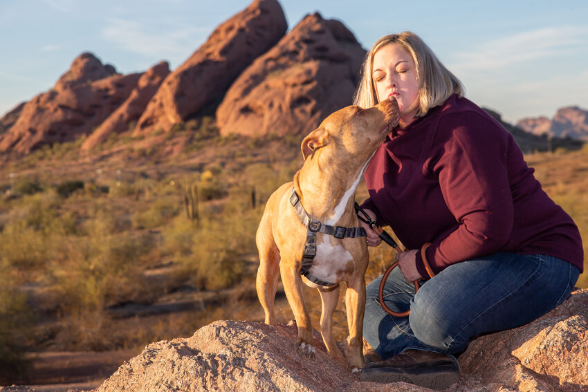 JoDee Tester with her Golden Pittie Liam (Photo courtesy of Flash and Hound Photography)