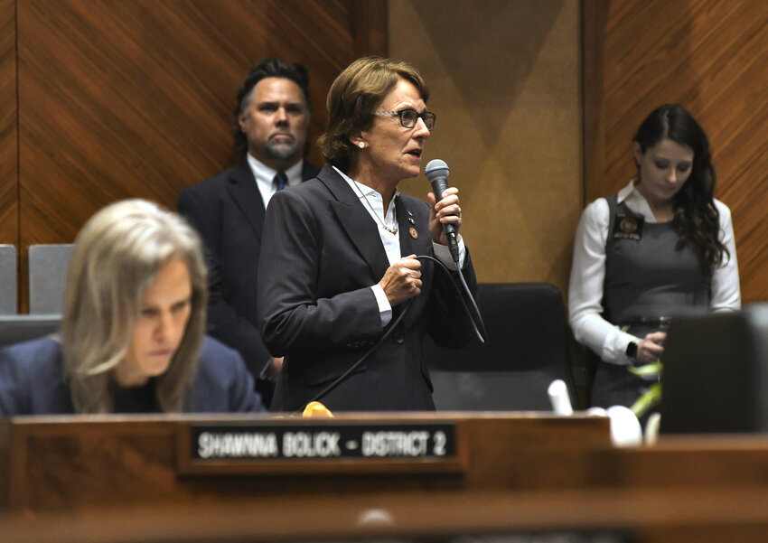 Sen. Wendy Rogers says Wednesday that lawmakers like Sen. Shawnna Bolick, in the foreground, who voted to repeal a territorial-era ban on abortion were being "politically expedient." (Capitol Media Services photo by Howard Fischer)