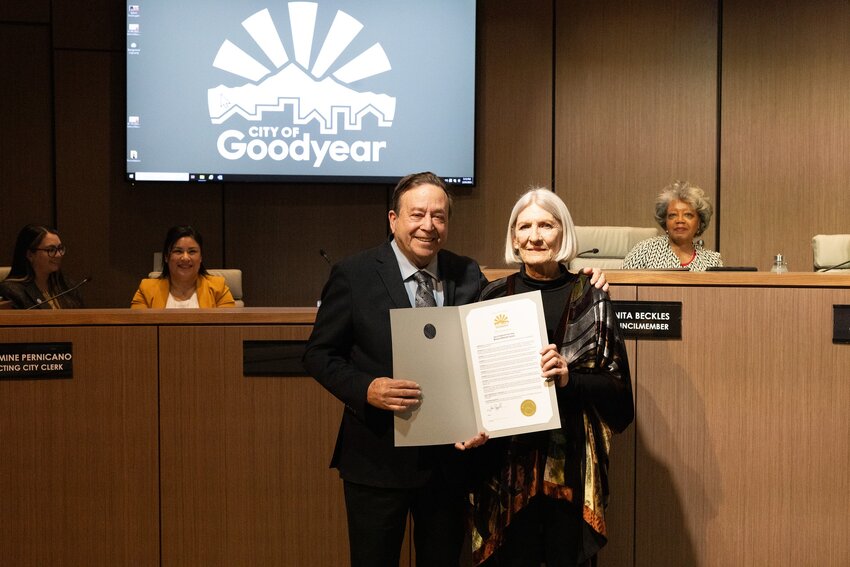 Mayor Joe Pizzillo and the city of Goodyear recognize Bonnie Lewis as the 2024 Citizen of the Year.