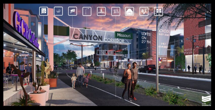A rendering of 27th Avenue near Missouri Avenue – the area Grand Canyon University hopes to transform into Canyon Corridor – shows potential condos, a Whole Foods and other businesses. (Rendering courtesy of GCU)