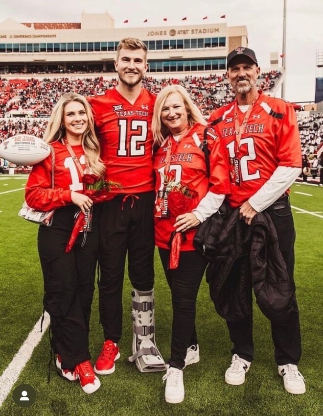 Tyler Shough, second from left, stands with his wife Jordan, left, and parents on Texas Tech’s senior night, a testament to the support behind his journey. (Photo courtesy of Dana Shough)
