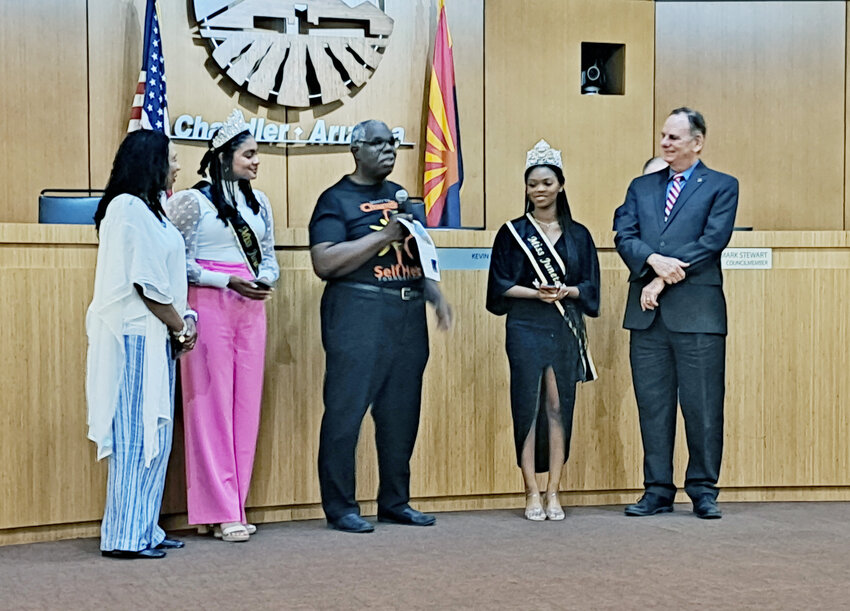 The outgoing and recently crowned Miss Juneteenth Arizona were recognized at the June 26 Chandler City Council meeting. From the left are Chandler City Council member Christine Ellis; 2023 Miss Juneteenth Arizona Sascha Reveron; Rodney Love of South Chandler Self Help, with microphone; 2022 Miss Juneteenth Arizona Shaundrea Norman and Chandler Mayor Kevin Hartke.