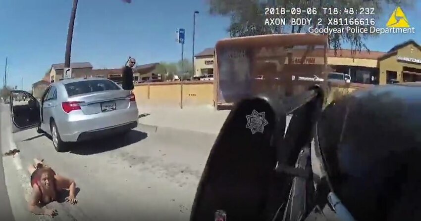 Still from bodycam footage of the 2018 arrest of Renee Armenta in Goodyear, Ariz.