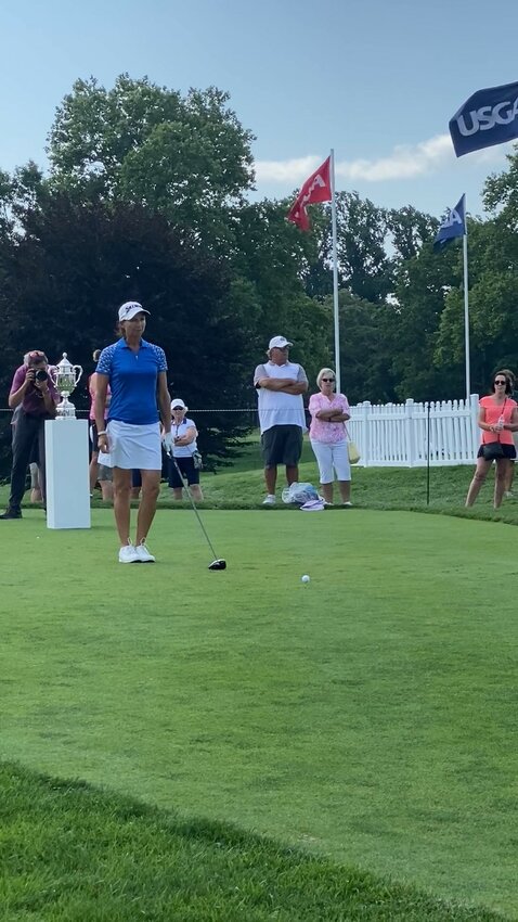 Char Carson lines up a shot in a tournament. She&rsquo;s been the pro at the 2021 U.S. Senior Women&rsquo;s Open. She&rsquo;s been a teaching pro at Springfield Golf Resort in Chandler since July 2018.
